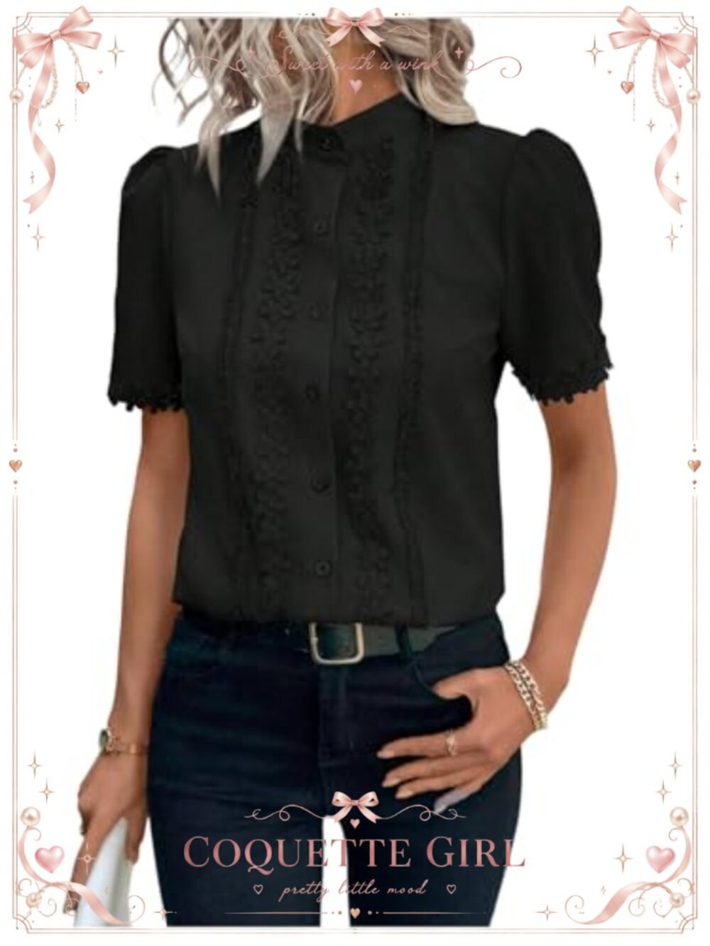 Floral Embroidered Mock Neck Button Down Blouse Short Sleeve Dressy Top